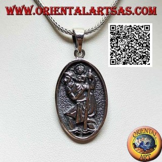 Pendentif en argent, médaille ovale sacrée avec saint Christophe avec bâton et enfant en bas-relief
