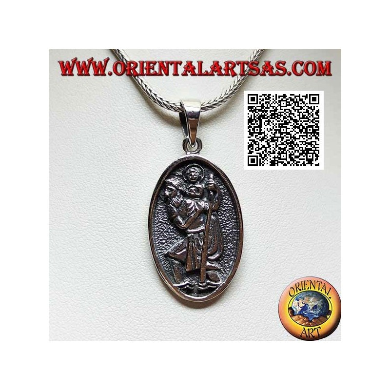Silver pendant, sacred oval medal with St. Christopher with stick and child in bas-relief