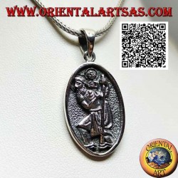 Pendentif en argent, médaille ovale sacrée avec saint Christophe avec bâton et enfant en bas-relief