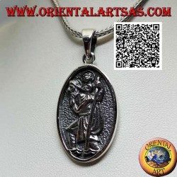 Pendentif en argent, médaille ovale sacrée avec saint Christophe avec bâton et enfant en bas-relief