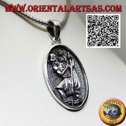 Pendentif en argent, médaille ovale sacrée avec saint Christophe avec bâton et enfant en bas-relief