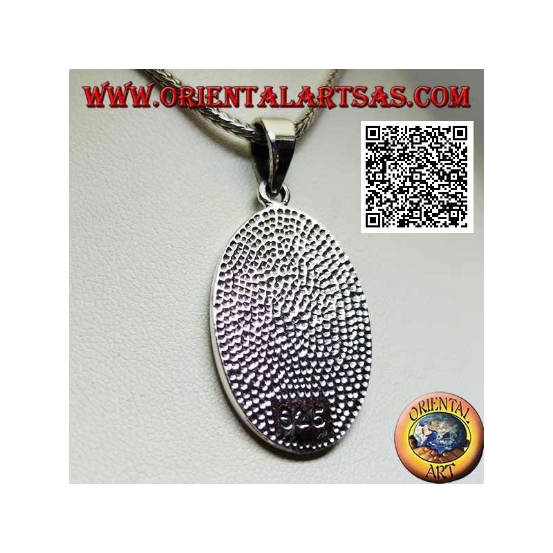 Ciondolo in argento, medaglia sacra ovale con San Cristoforo con bastone e bimbo in bassorilievo