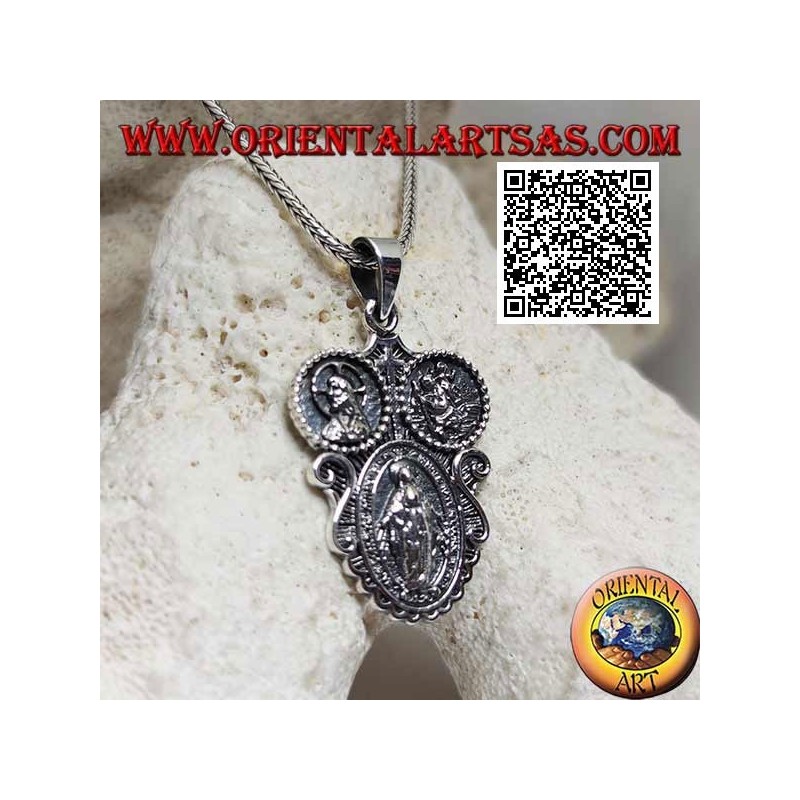 Ciondolo in argento medaglia "apparizione della Madonna" sotto il Cristo incoronato e San Cristoforo