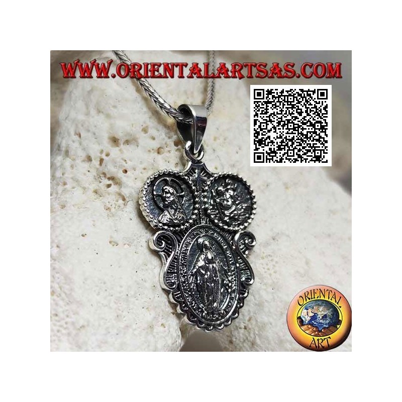 Silver pendant "apparition of the Madonna" medal under the crowned Christ and St. Christopher