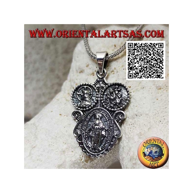 Silver pendant "apparition of the Madonna" medal under the crowned Christ and St. Christopher