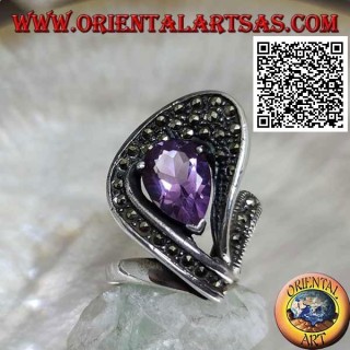Anello in argento a ventaglio tempestato di marcassite con ametista di sintesi a goccia incastonata al centro