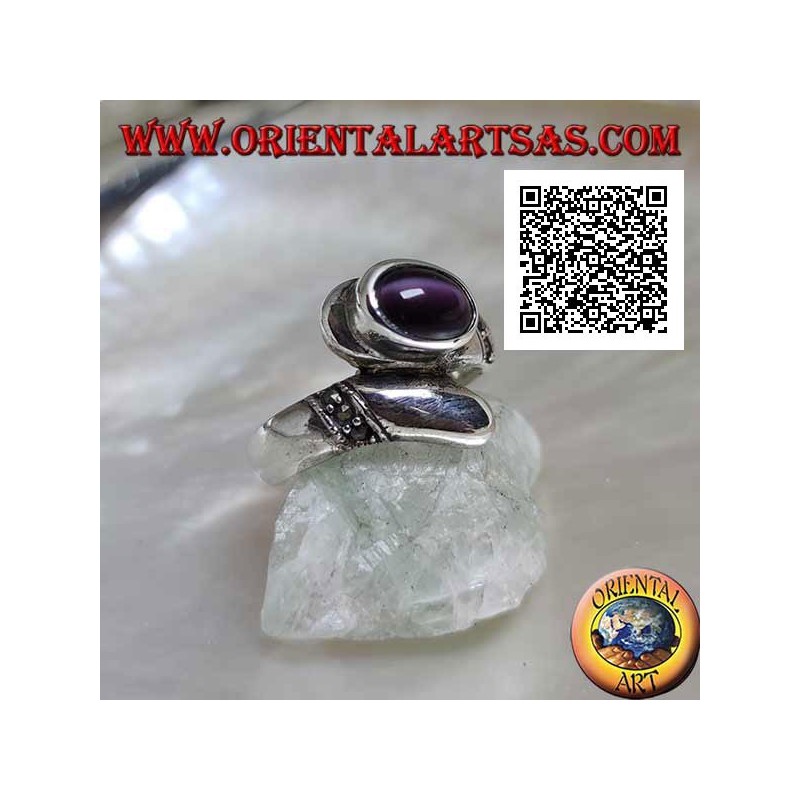 Silver ring with juxtaposed band with purple cat's eye chrysoberyl and marcasite bands