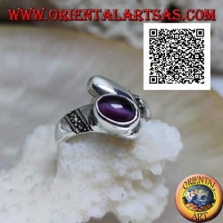 Silver ring with juxtaposed band with purple cat's eye chrysoberyl and marcasite bands