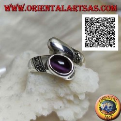 Silver ring with juxtaposed band with purple cat's eye chrysoberyl and marcasite bands