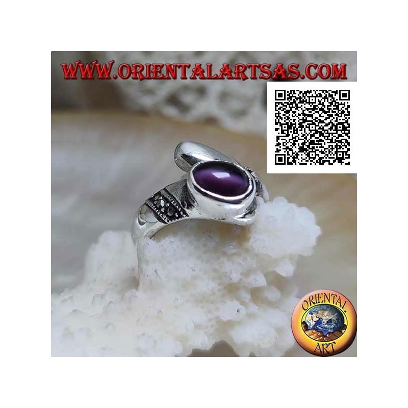 Silver ring with juxtaposed band with purple cat's eye chrysoberyl and marcasite bands