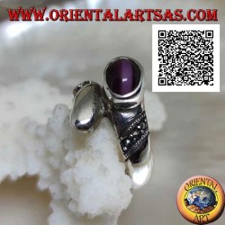 Silver ring with juxtaposed band with purple cat's eye chrysoberyl and marcasite bands