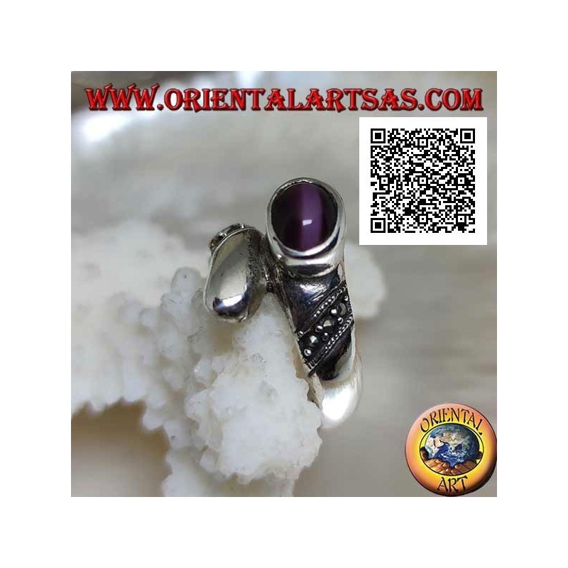 Silver ring with juxtaposed band with purple cat's eye chrysoberyl and marcasite bands