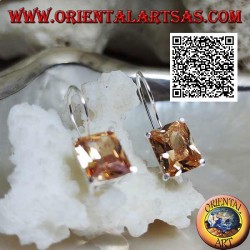 Silver pendant earrings with rectangular champagne zircon set on a smooth frame with side openings