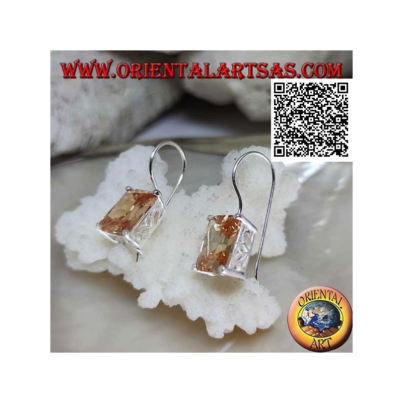Silver pendant earrings with rectangular champagne zircon set on a smooth frame with side openings