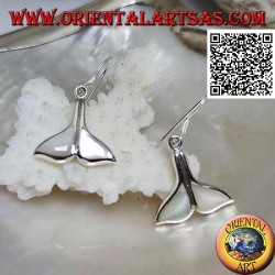 Silver earrings in the shape of a whale tail with mother of pearl