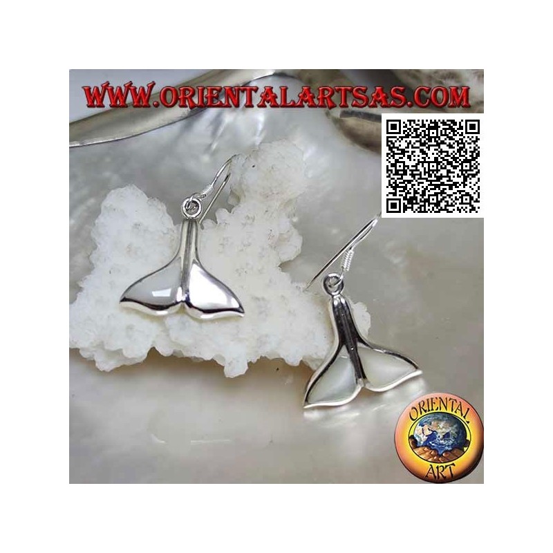 Silver earrings in the shape of a whale tail with mother of pearl