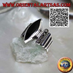 Silver ring with smooth vertical bands studded with marcasite with central shuttle onyx