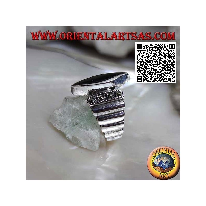 Silver ring with smooth vertical bands studded with marcasite with central shuttle onyx