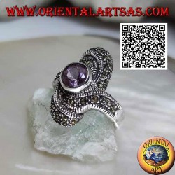 Silver ring with natural round amethyst in the center of an oval vortex studded with marcasite