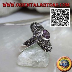 Silver ring with natural round amethyst in the center of an oval vortex studded with marcasite