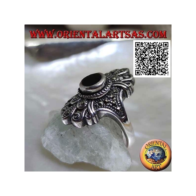 Silver ring with round onyx on a Florentine setting studded with marcasite