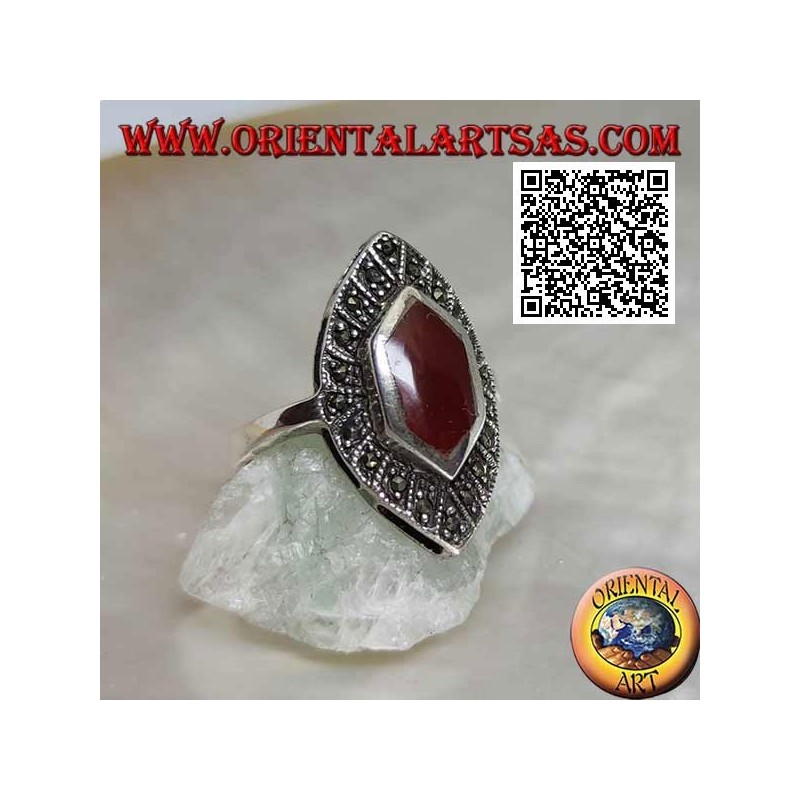Silver ring with elongated hexagonal carnelian on a shuttle setting studded with marcasite