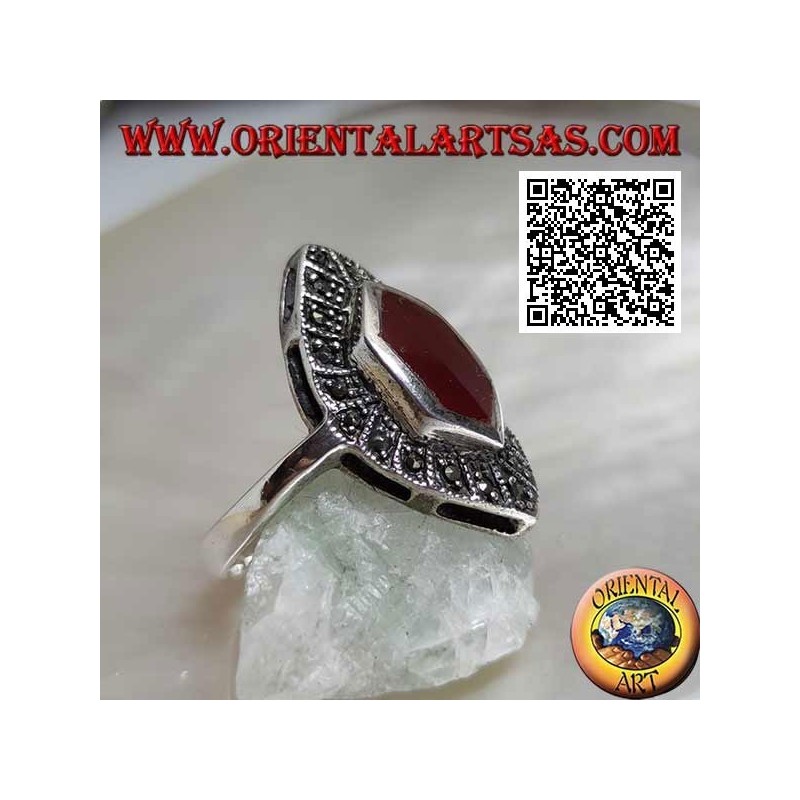 Silver ring with elongated hexagonal carnelian on a shuttle setting studded with marcasite