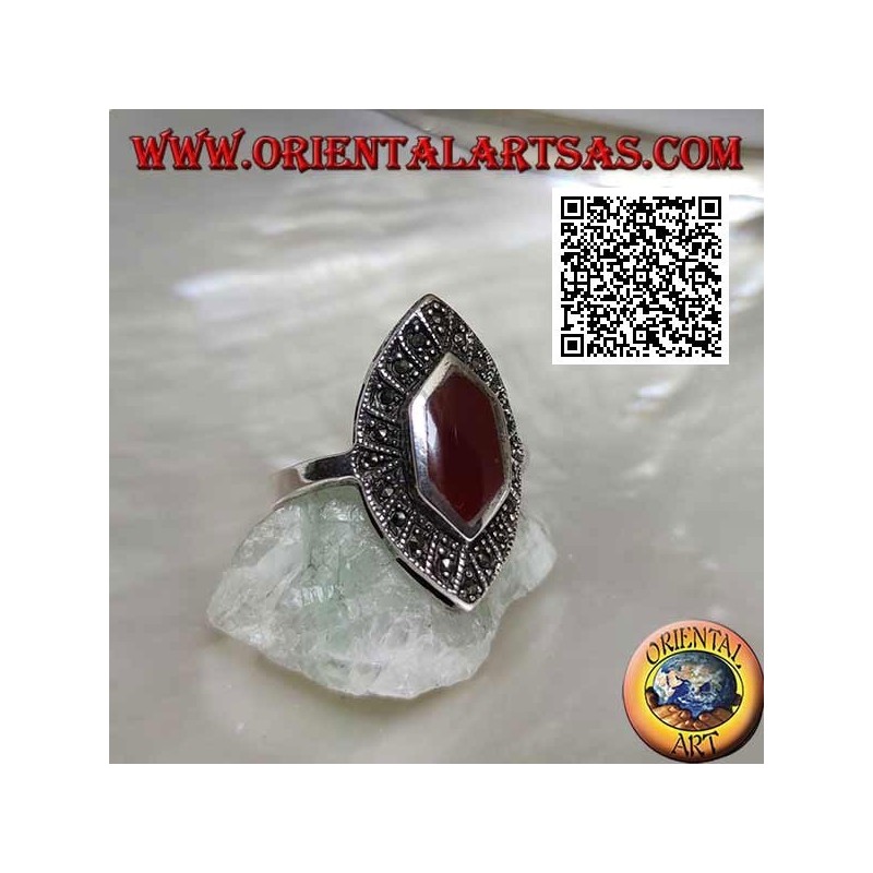 Silver ring with elongated hexagonal carnelian on a shuttle setting studded with marcasite