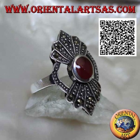 Silver ring with round carnelian in the circle with a 5-shaped fan of marcasite above and below