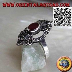 Silver ring with round carnelian in the circle with a 5-shaped fan of marcasite above and below