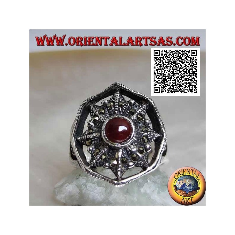 Silver ring with carnelian on eight-pointed star studded with marcasite in the circle
