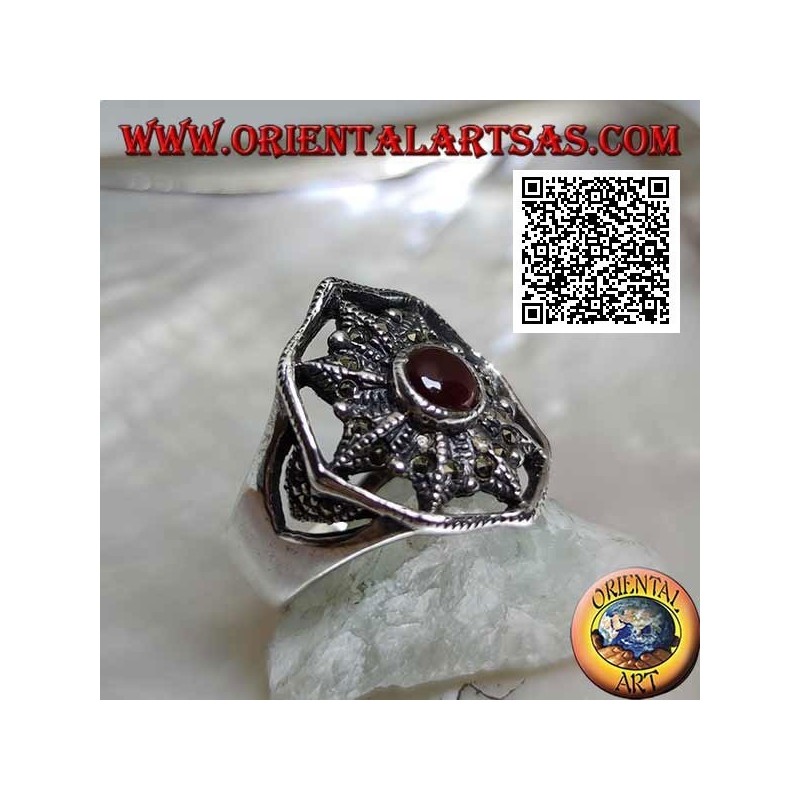 Silver ring with carnelian on eight-pointed star studded with marcasite in the circle
