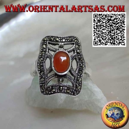 Silver ring with oval carnelian on cross in the irregular rectangle studded with marcasite