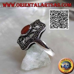 Silver ring with oval carnelian on cross in the irregular rectangle studded with marcasite