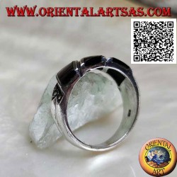Silver ring with three oblique bands of onyx and marcasite on the sides