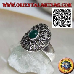 Silver ring with oval green agate on eight-pointed star in the oval studded with marcasite
