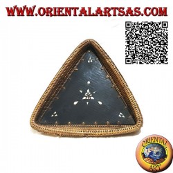Lombok triangular tray valet tray in mahogany wood, wicker edge and mother-of-pearl inlays (small)