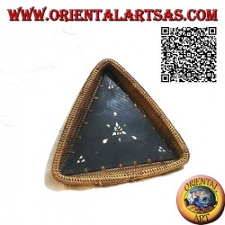 Lombok triangular tray valet tray in mahogany wood, wicker edge and mother-of-pearl inlays (small)