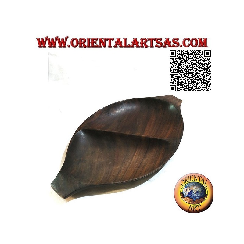 Pocket emptier oval tray with double compartment in teak wood