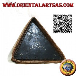 Lombok triangular tray valet tray in mahogany wood, wicker edge and mother-of-pearl inlays (large)