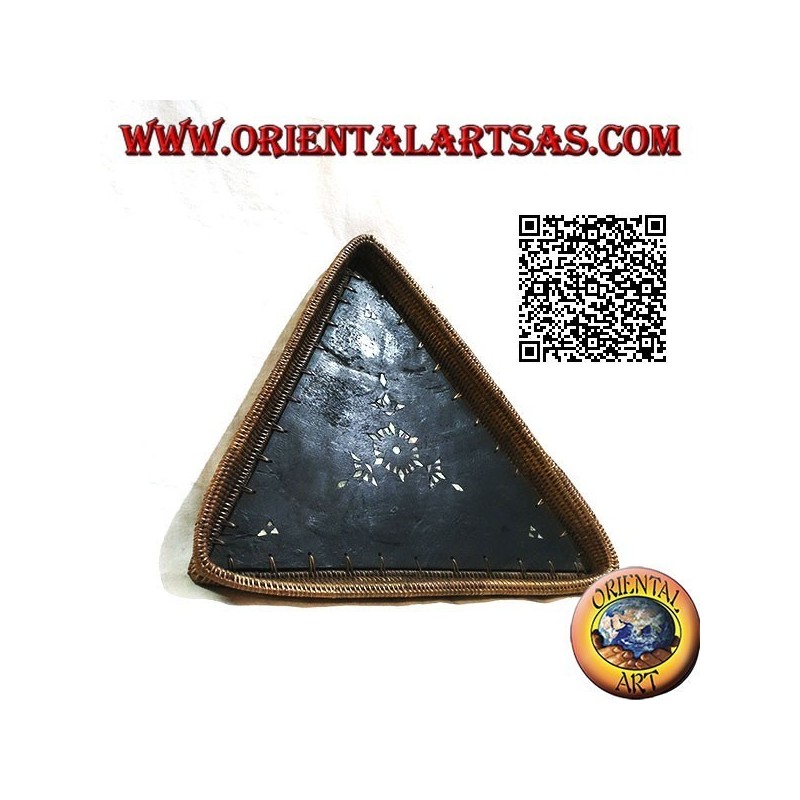 Lombok triangular tray valet tray in mahogany wood, wicker edge and mother-of-pearl inlays (large)