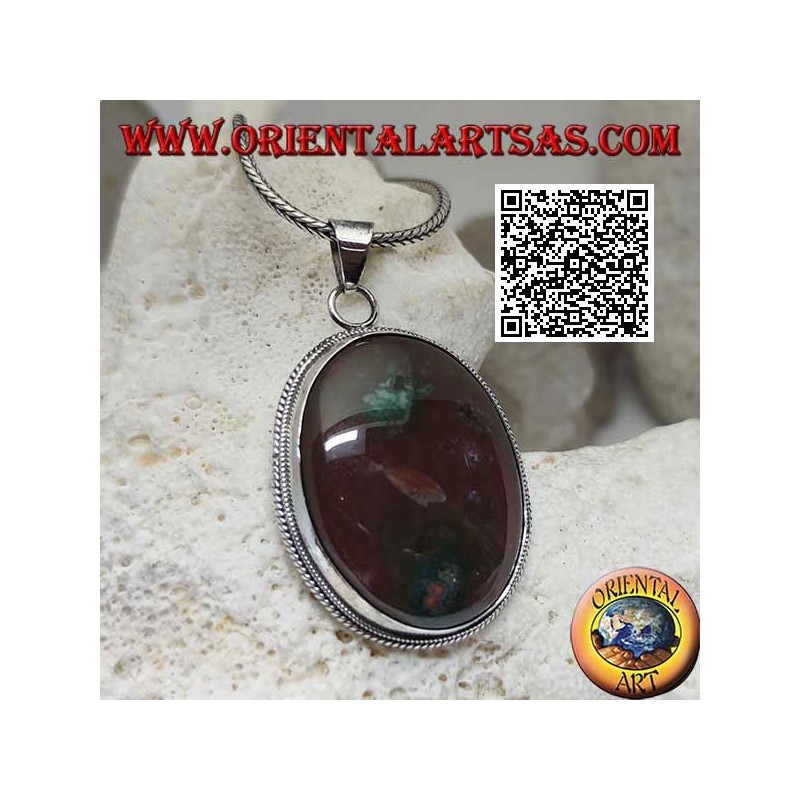 Silberanhänger mit großem ovalem brekziertem rotem Jaspis, umgeben von Webart