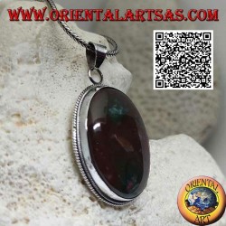 Silver pendant with large oval brecciated red jasper surrounded by weaving