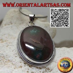 Silver pendant with large oval brecciated red jasper surrounded by weaving