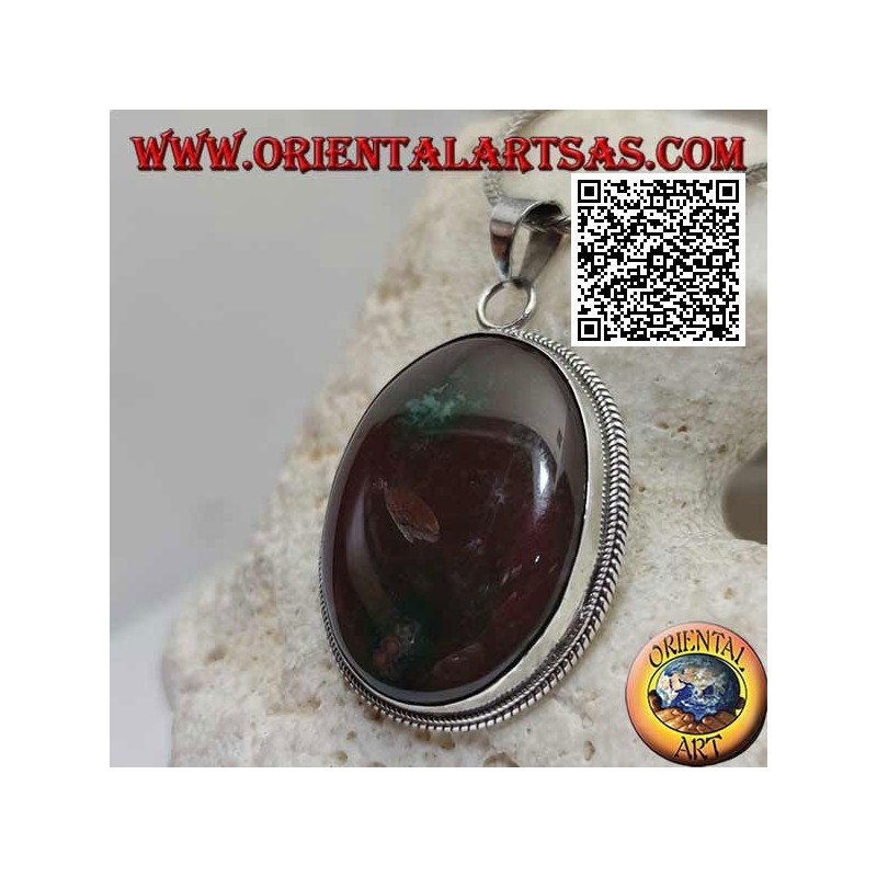 Silver pendant with large oval brecciated red jasper surrounded by weaving