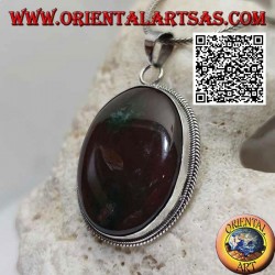 Silver pendant with large oval brecciated red jasper surrounded by weaving