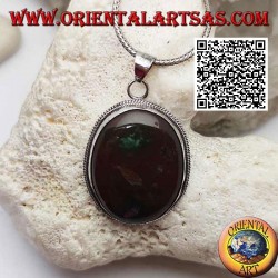 Silver pendant with large oval brecciated red jasper surrounded by weaving