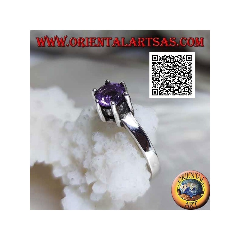 Rhodiumsilberring im Solitaire-Stil mit facettiertem, rundem Amethyst-Set