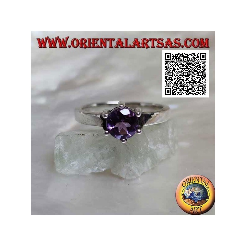 Rhodiumsilberring im Solitaire-Stil mit facettiertem, rundem Amethyst-Set