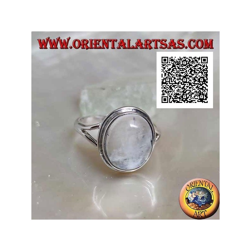 Silver ring with cabochon oval moonstone on simple setting and triangular fretwork on the sides